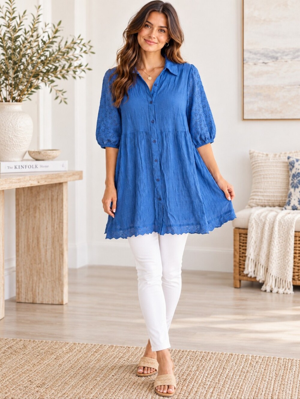 Umgee Large Blue Eyelet Sleeve Button Front Tiered Tunic Blouse